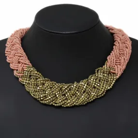 Peach and Gold Seed Bead Braided Necklace