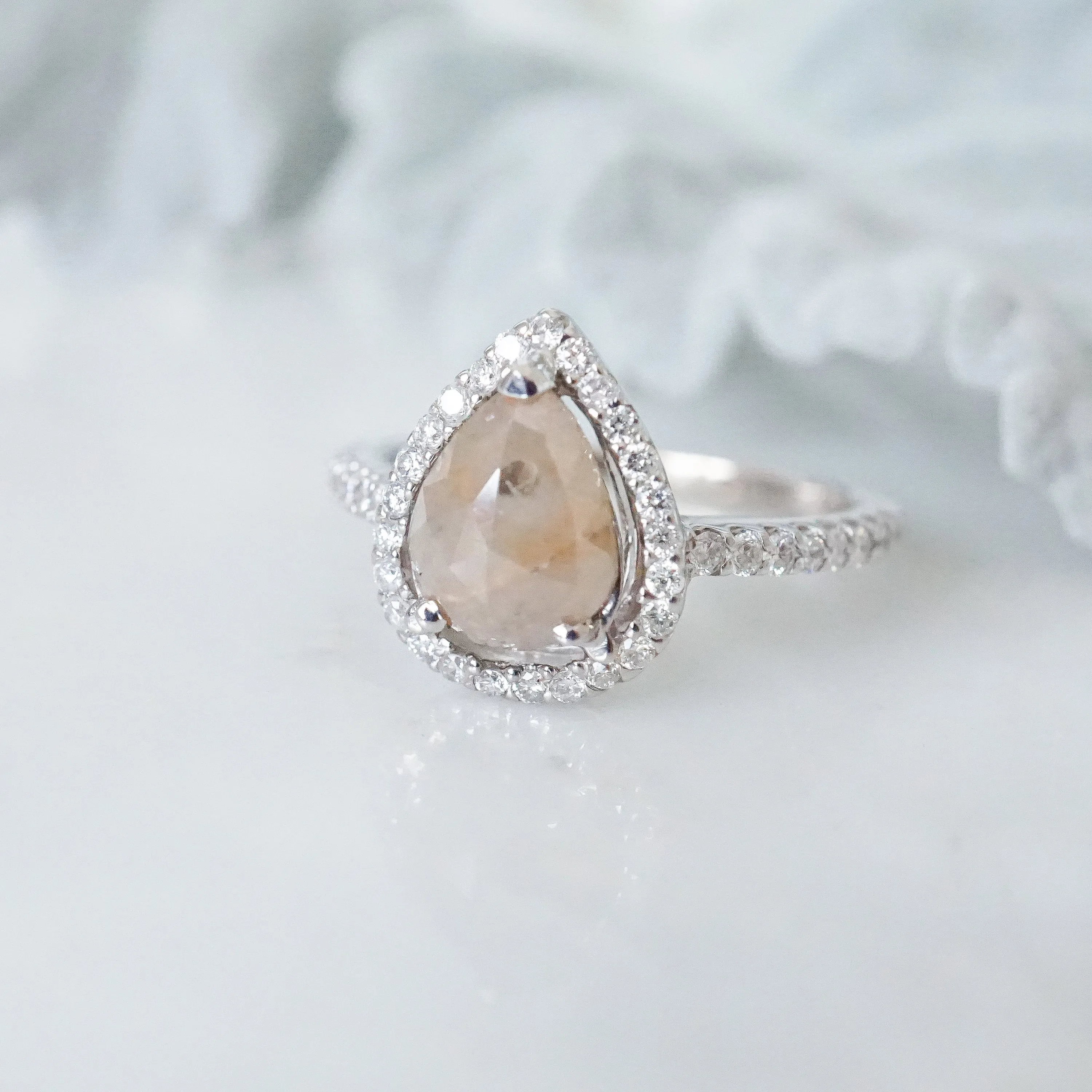 Pear Rose Cut Engagement Ring - Pear Shape Champagne Diamond Ring - Womens Rustic Damond Ring