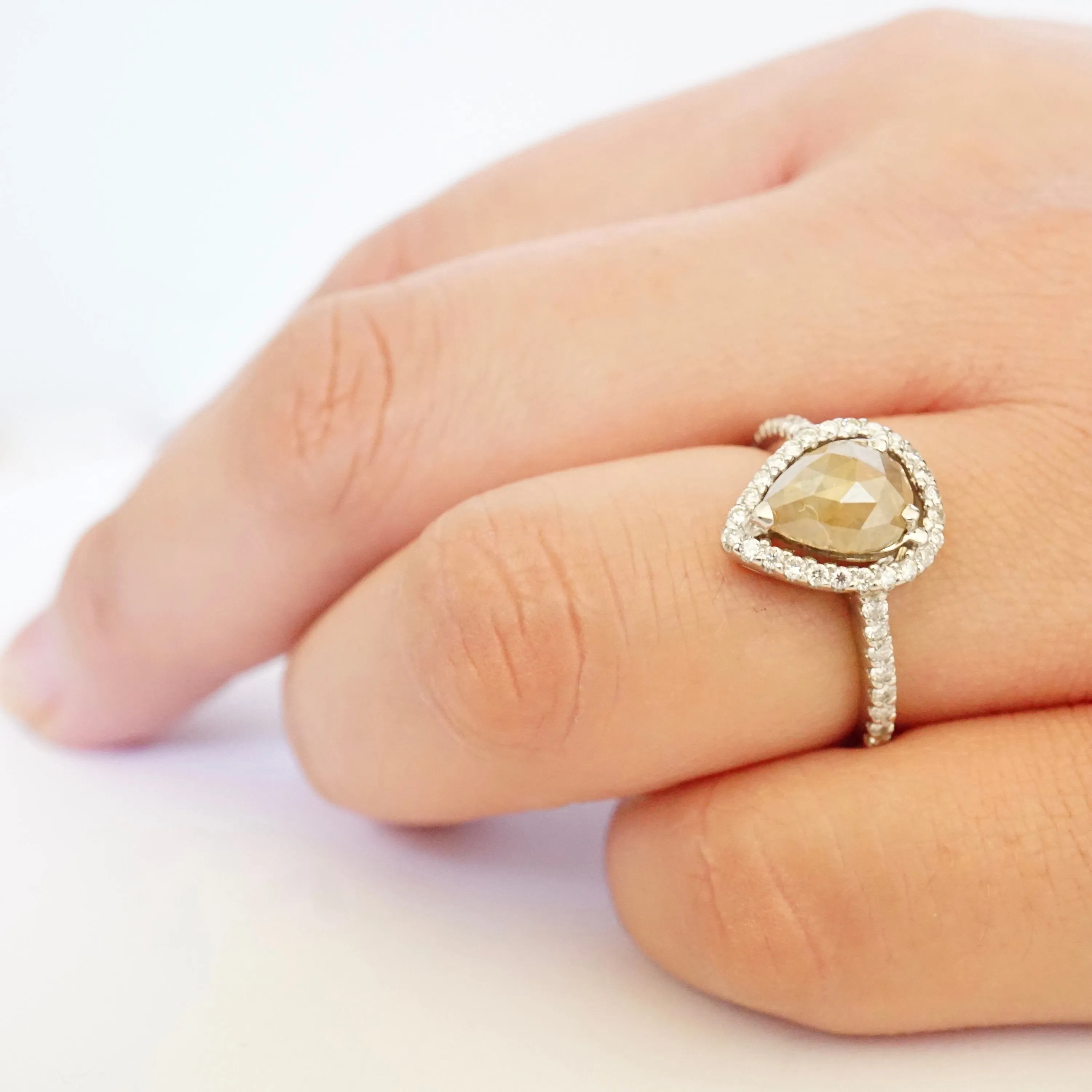 Pear Rose Cut Engagement Ring - Pear Shape Champagne Diamond Ring - Womens Rustic Damond Ring