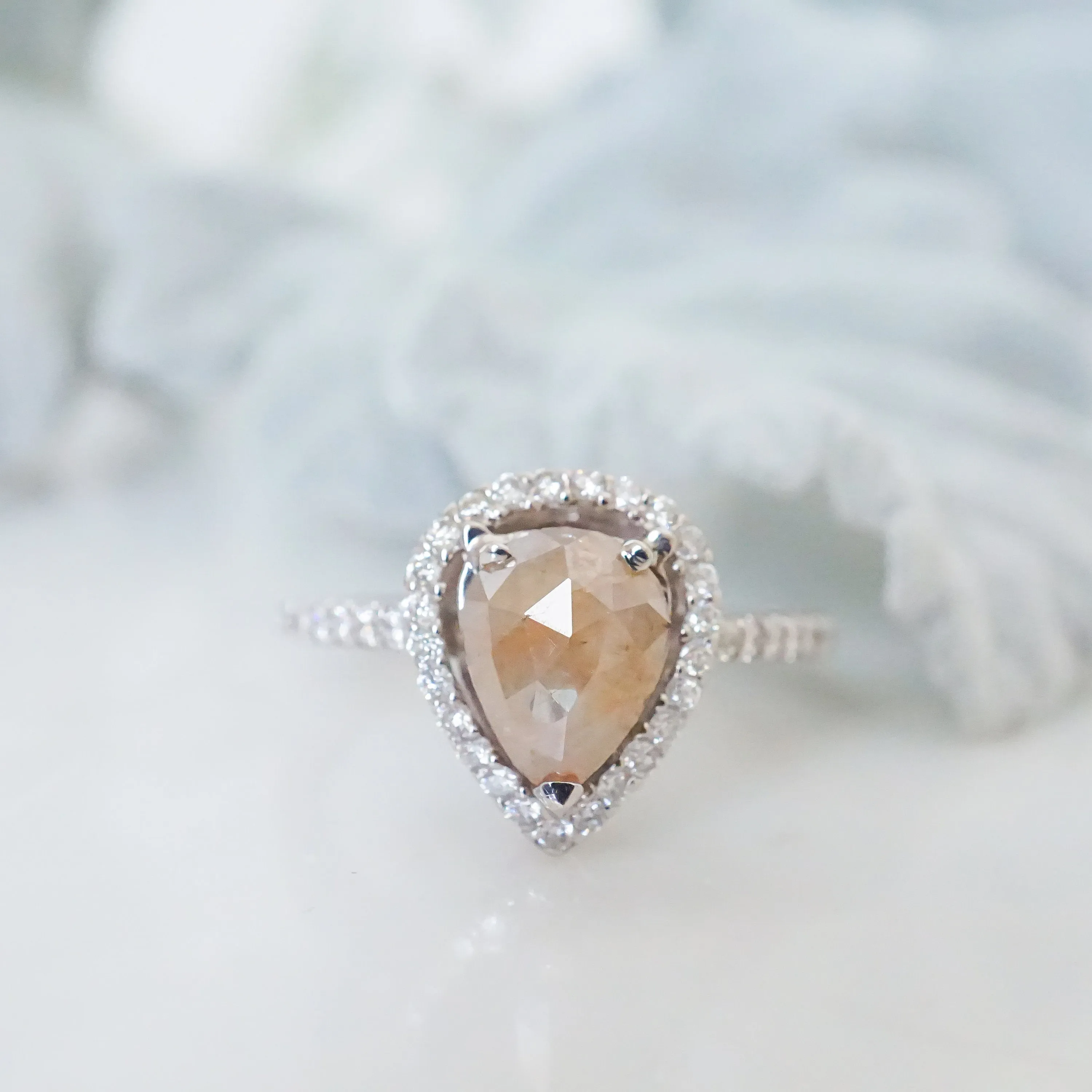 Pear Rose Cut Engagement Ring - Pear Shape Champagne Diamond Ring - Womens Rustic Damond Ring