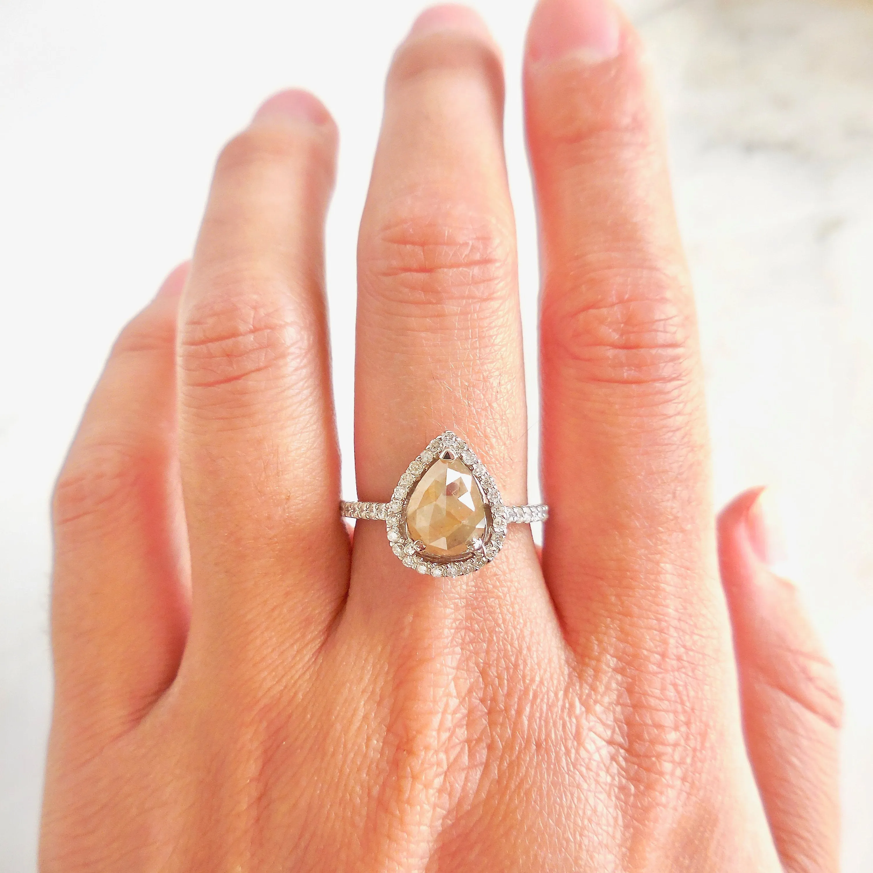 Pear Rose Cut Engagement Ring - Pear Shape Champagne Diamond Ring - Womens Rustic Damond Ring