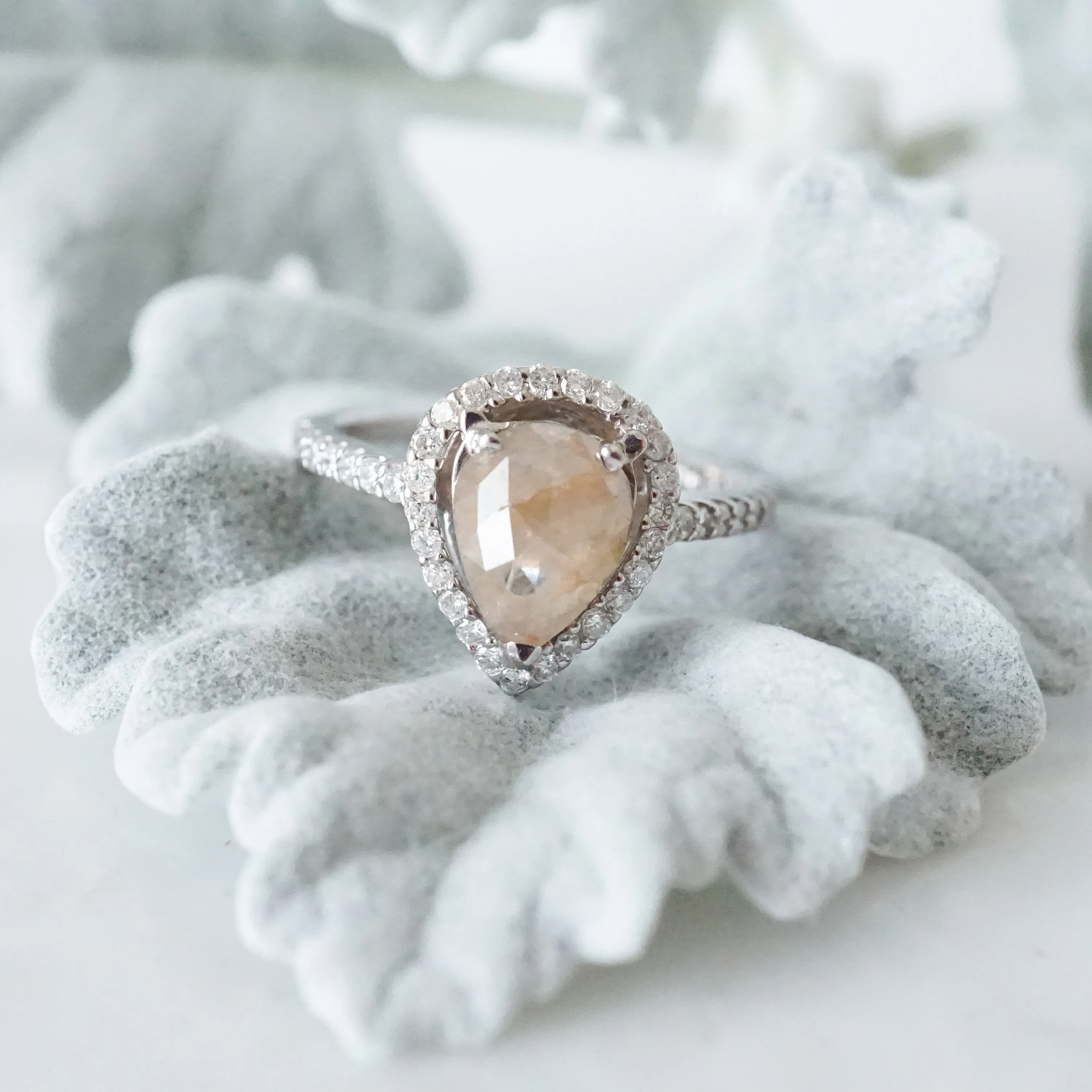 Pear Rose Cut Engagement Ring - Pear Shape Champagne Diamond Ring - Womens Rustic Damond Ring