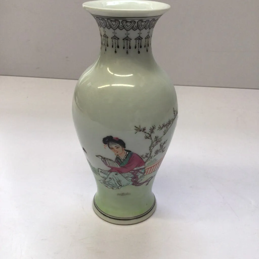 Porcelain Bud Vase with Reading Figure