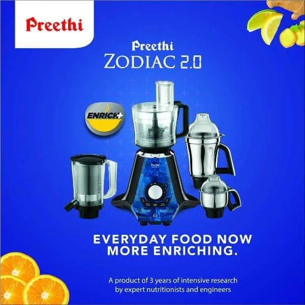 Preethi Zodiac 2.0 MG235 750-Watt Mixer Grinder with 4 Jars (Black)