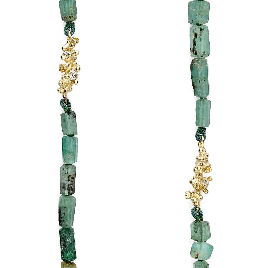 Raw Emerald Necklace with Diamond Encrusted Clusters