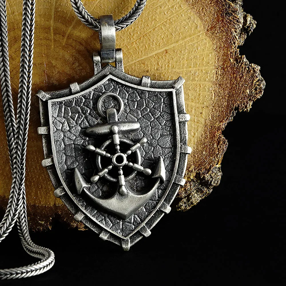 Sailor Ship Wheel Anchor Necklace 925 Silver Men's Pendant with Wheat Link Chain