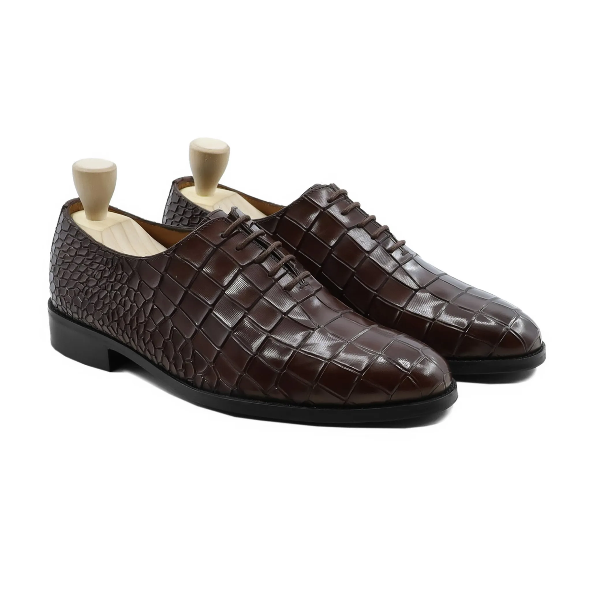 Sawt - Men's Dark Brown Printed Crocodile Calf Leather Wholecut Shoe