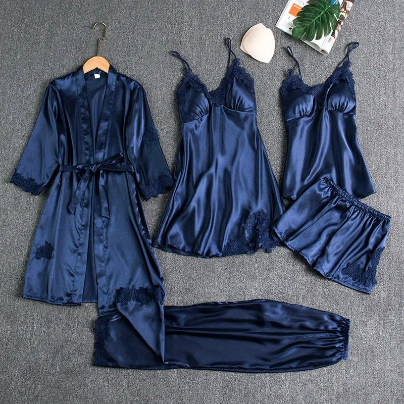 Silk pajamas bedroom wear nighty lingerie 5 piece set