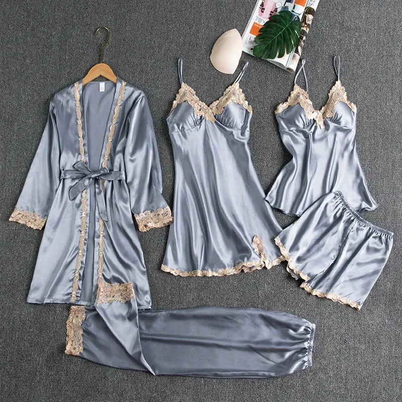 Silk pajamas bedroom wear nighty lingerie 5 piece set