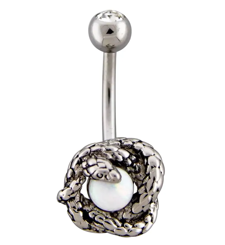 Snake Wrapped White Opalite Clear CZ Stainless Steel Belly Button Ring