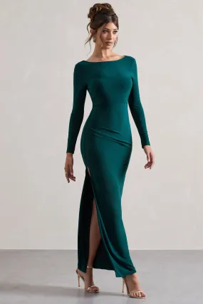 Virgo | Bottle Green Cowl-Back Long-Sleeve Split Maxi Dress