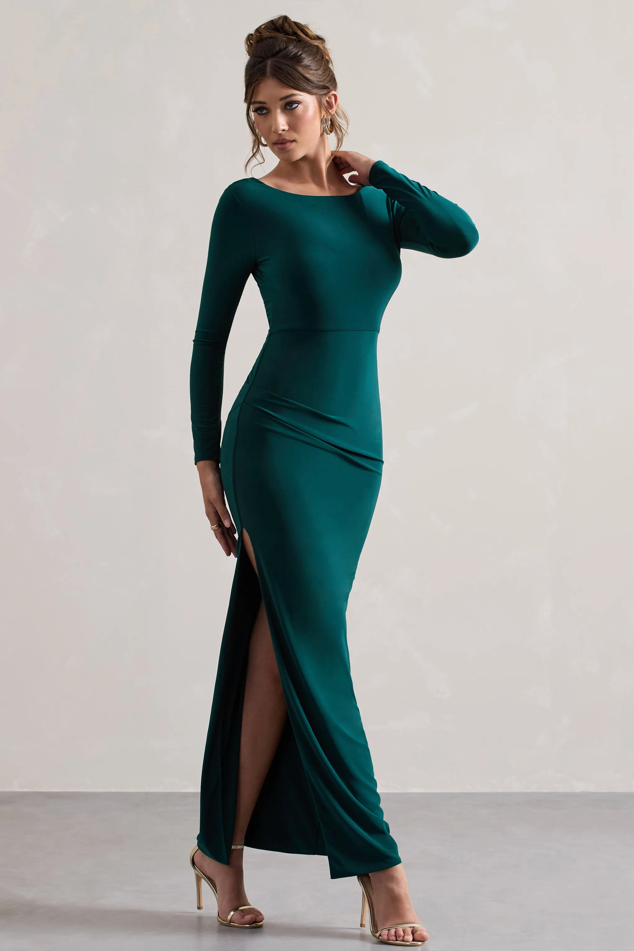 Virgo | Bottle Green Cowl-Back Long-Sleeve Split Maxi Dress