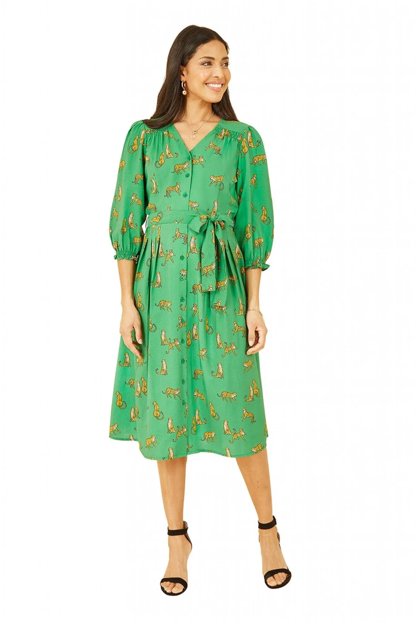 Yumi Green Cheetah Print Midi Shirt Dress